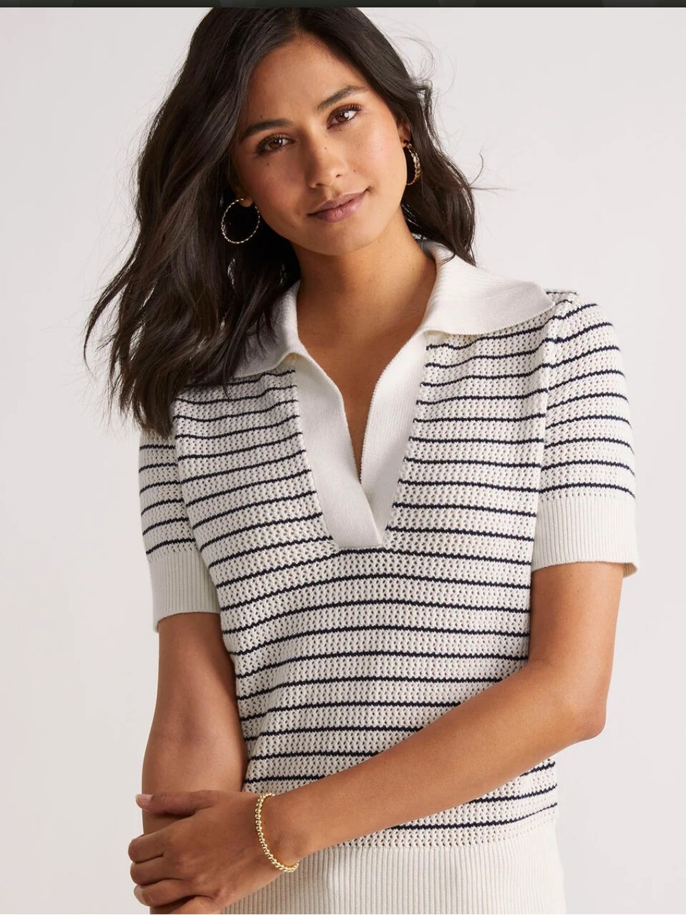 Vineyard Vines White and Navy Crochet-Stripe V-Neck Polo Sweater NWT womens XL